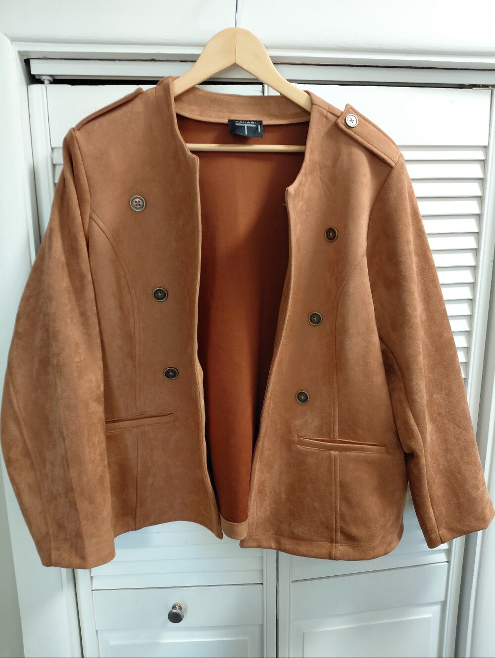 Tahari Women's Faux Brown Suede Open Front Coat Jacket